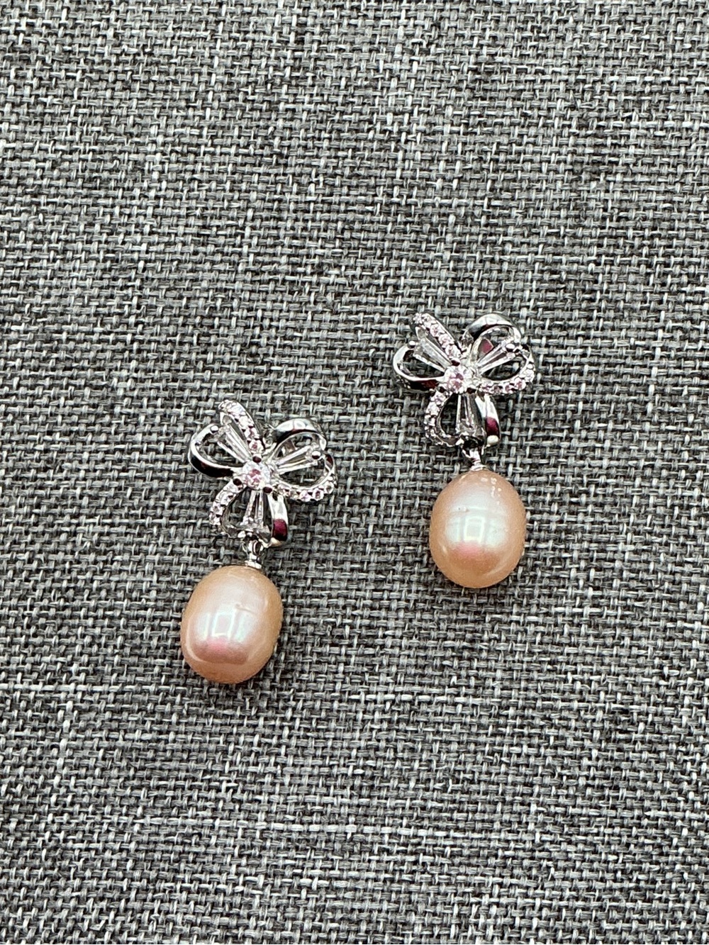 Pearl Bow Earrings Peach Pearl Drop Dangle Earrings S925 Marked Silver Plated